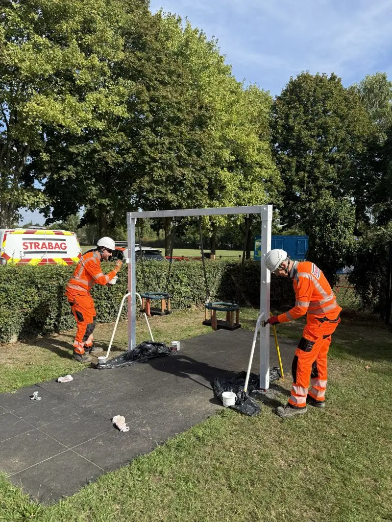 STRABAG UK team refurbishing Shenley Lane Playground with materials donated by CMT